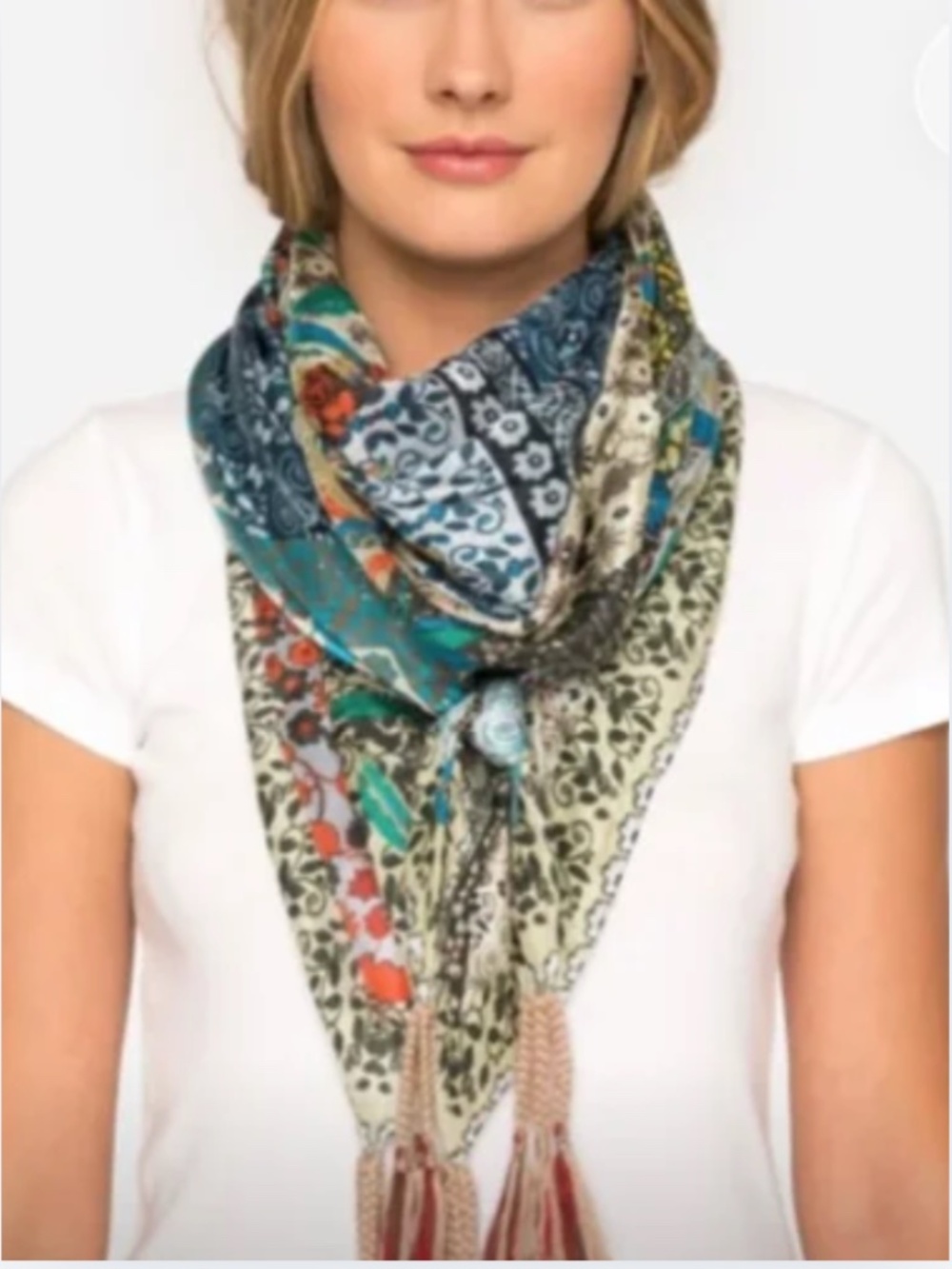 Johnny Was Voloom Silk Scarf 43x43 Boho Patchwork Tassel W/Box